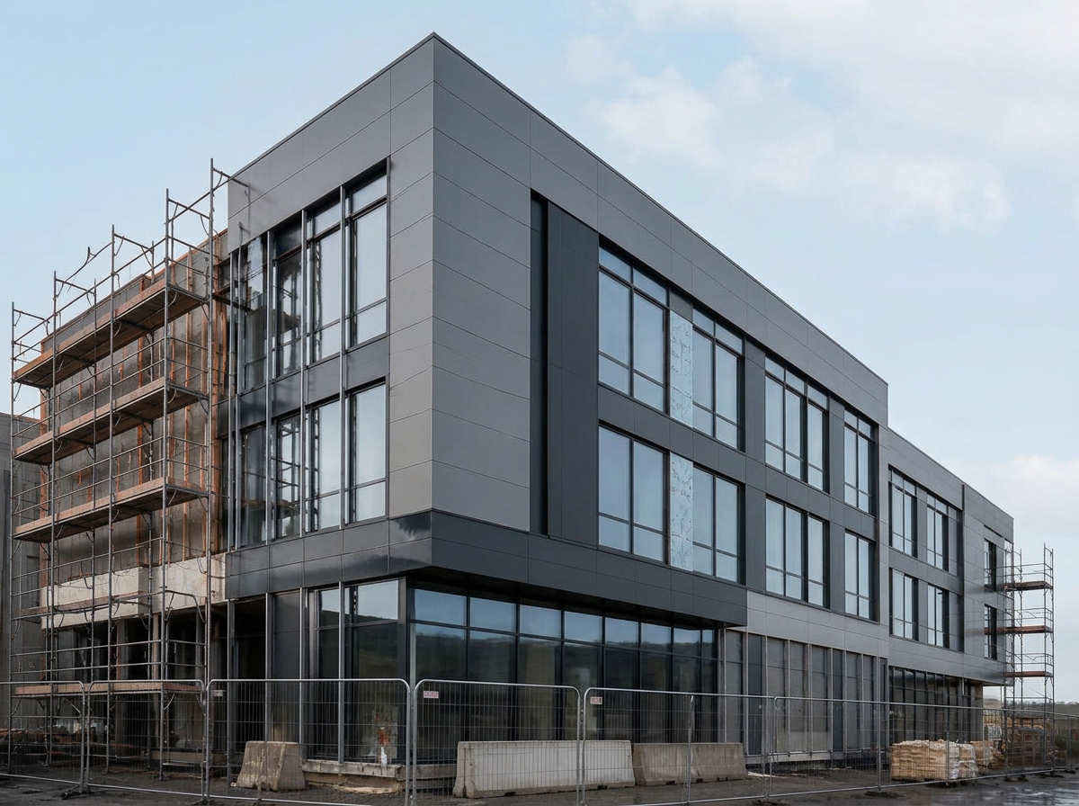 Modern commercial building under construction with rainscreen cladding