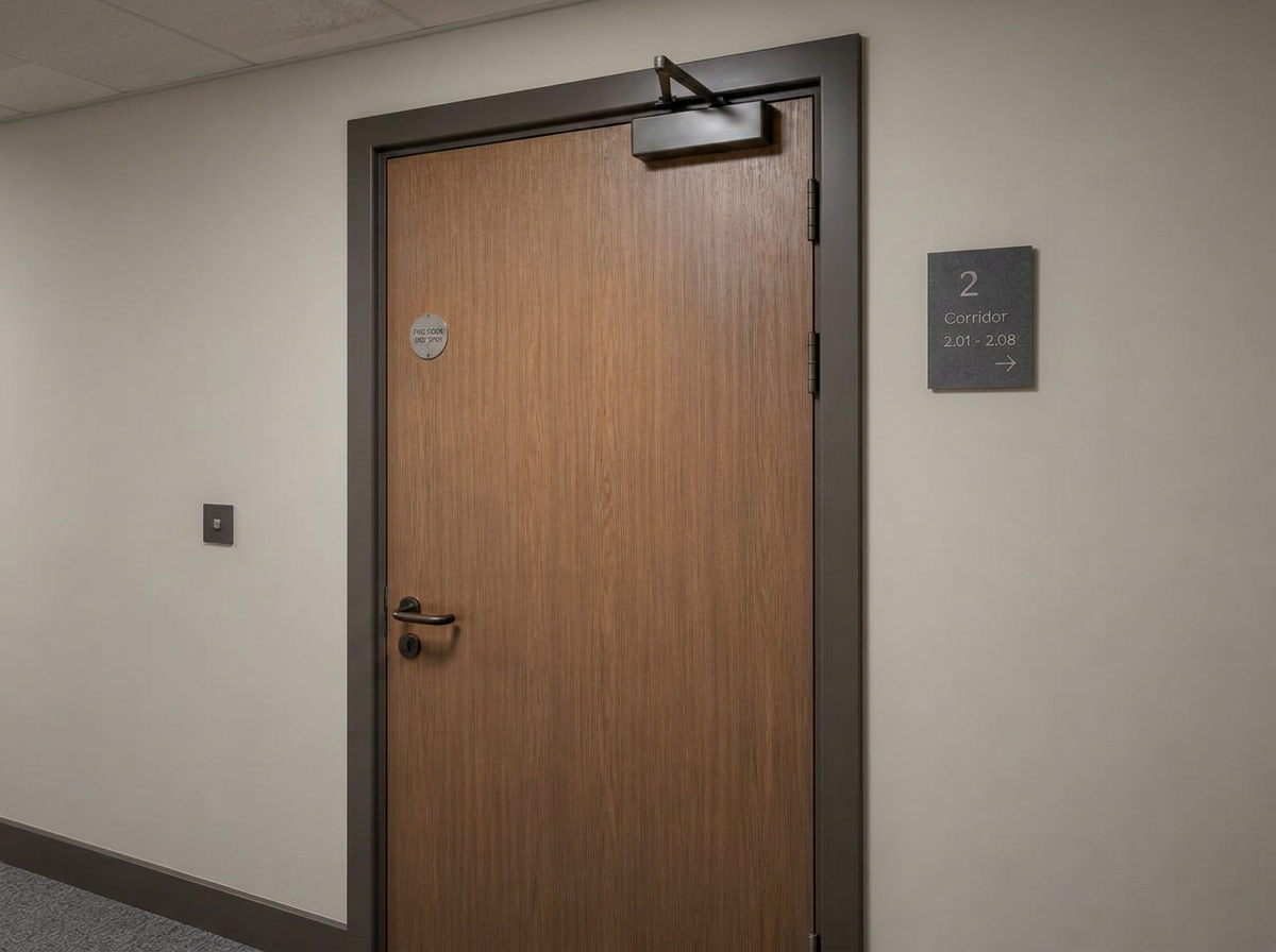 Certified timber fire doorset with intumescent seals and overhead closer