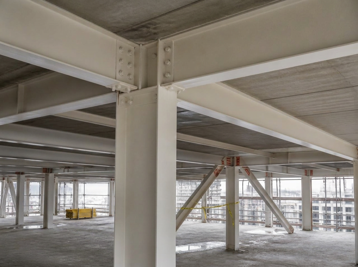 Structural steel beams and columns finished with intumescent coating